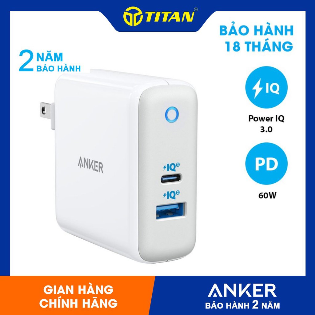 Củ sạc ANKER - A2322 2 cổng kèm cổng PD 60W Type-C+USB BẢO HÀNH 18 THÁNG