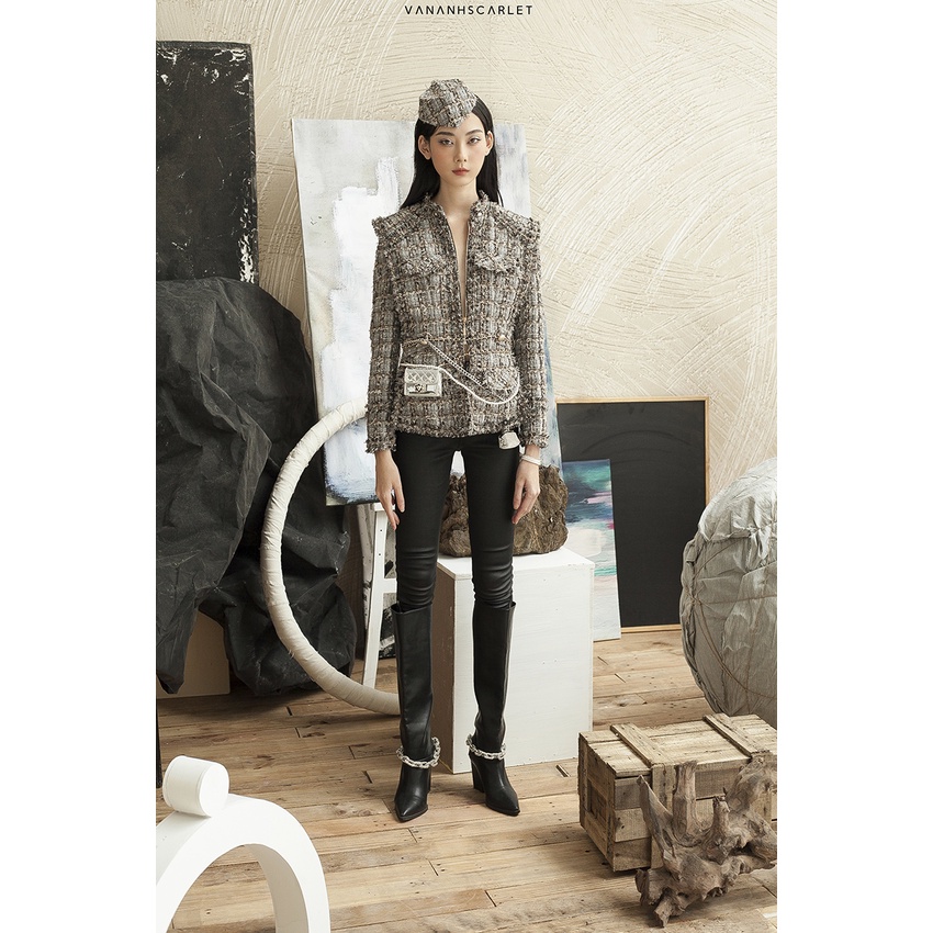 Áo khoác tweed VANANHSCARLET Đáp vai xẻ tà