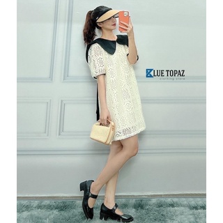 Đầm suông ren kem phối cổ đen