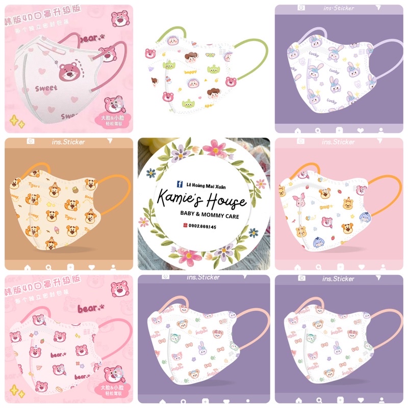 Khẩu trang 3D kháng khuẩn hoạ tiết hoạt hình, gấu dâu cực xinh cho bé trên 10 tuổi và người lớn (1 cái)