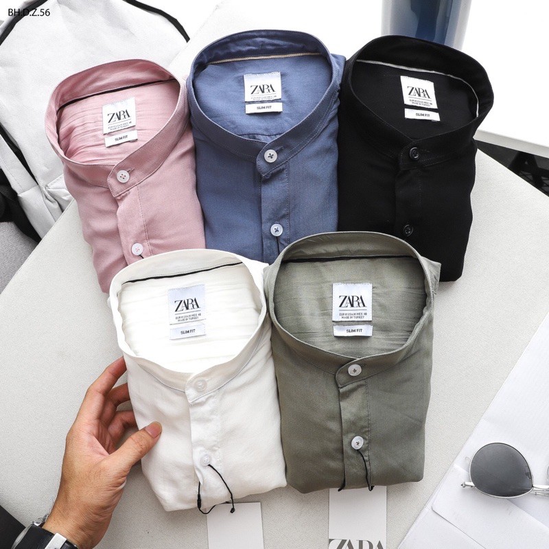 Áo sơmi nam vải cotton nhăn cổ tàu