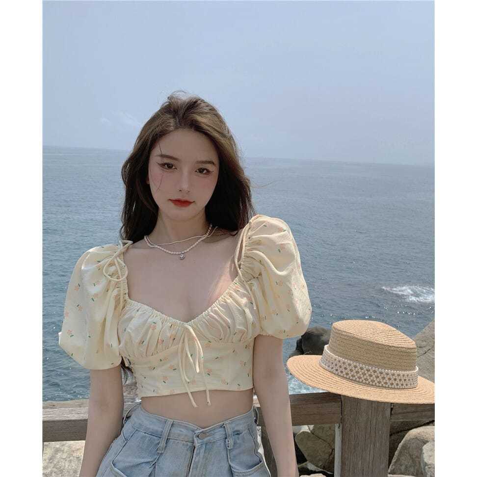 Áo hoa COZOKC tay phồng cổ vuông thời trang cho nữ