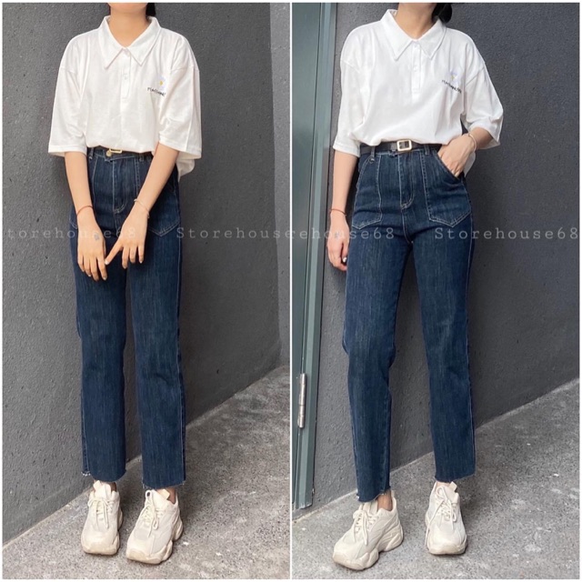 Quần jean suông ống đứng cạp cao túi vuông