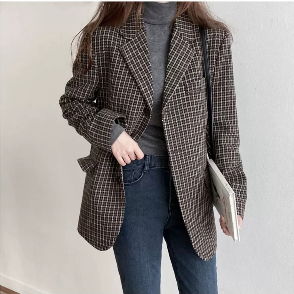 Ảnh thật 2 hình cuối-HC842.Áo khoác dạ houndstooth thu đông phong cách Hàn Quốc