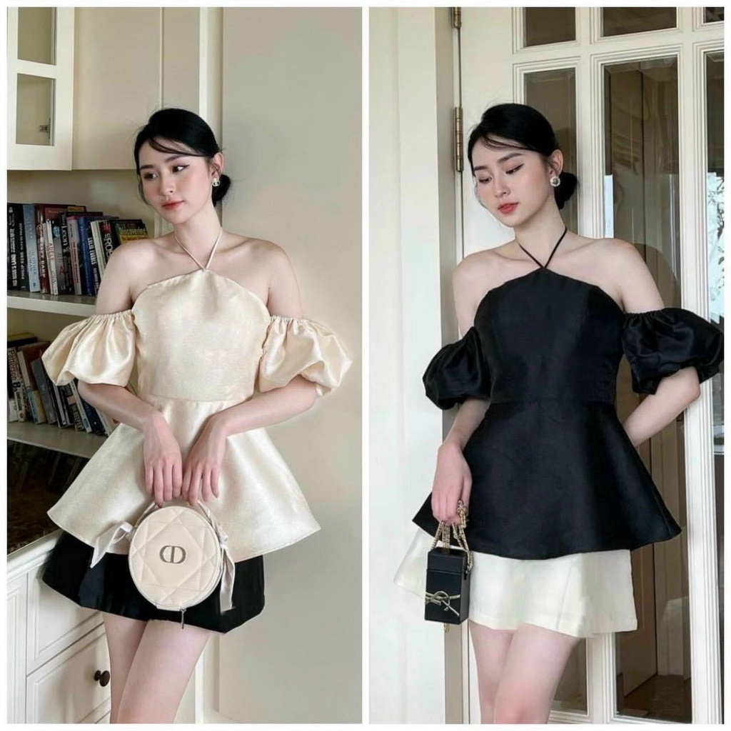Sét bộ nữ áo cổ yếm rớt vai tay phồng váy có lót 2 màu y hình thời trang nữ trẻ trung
