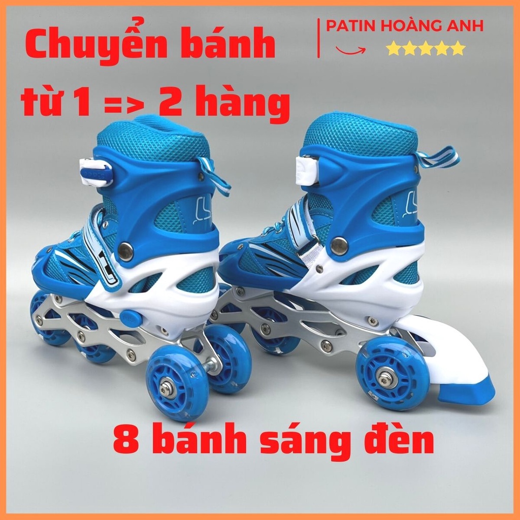 Giày trượt patin trẻ em chuyển bánh từ 1 hàng thành 2 hàng, 8 bánh sáng đèn sport, Giày điều chỉnh tăng giảm được size