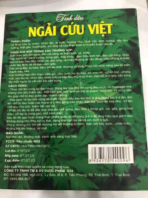 Tinh dầu ngải cứu việt - hỗ trợ giảm: đau cơ, xương khớp, thần kinh cột sống, đau đầu, đau mỏi vai gáy 180ml