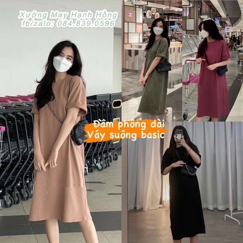 Váy phông trơn dài tay lỡ oversize, đầm dáng suông nữ