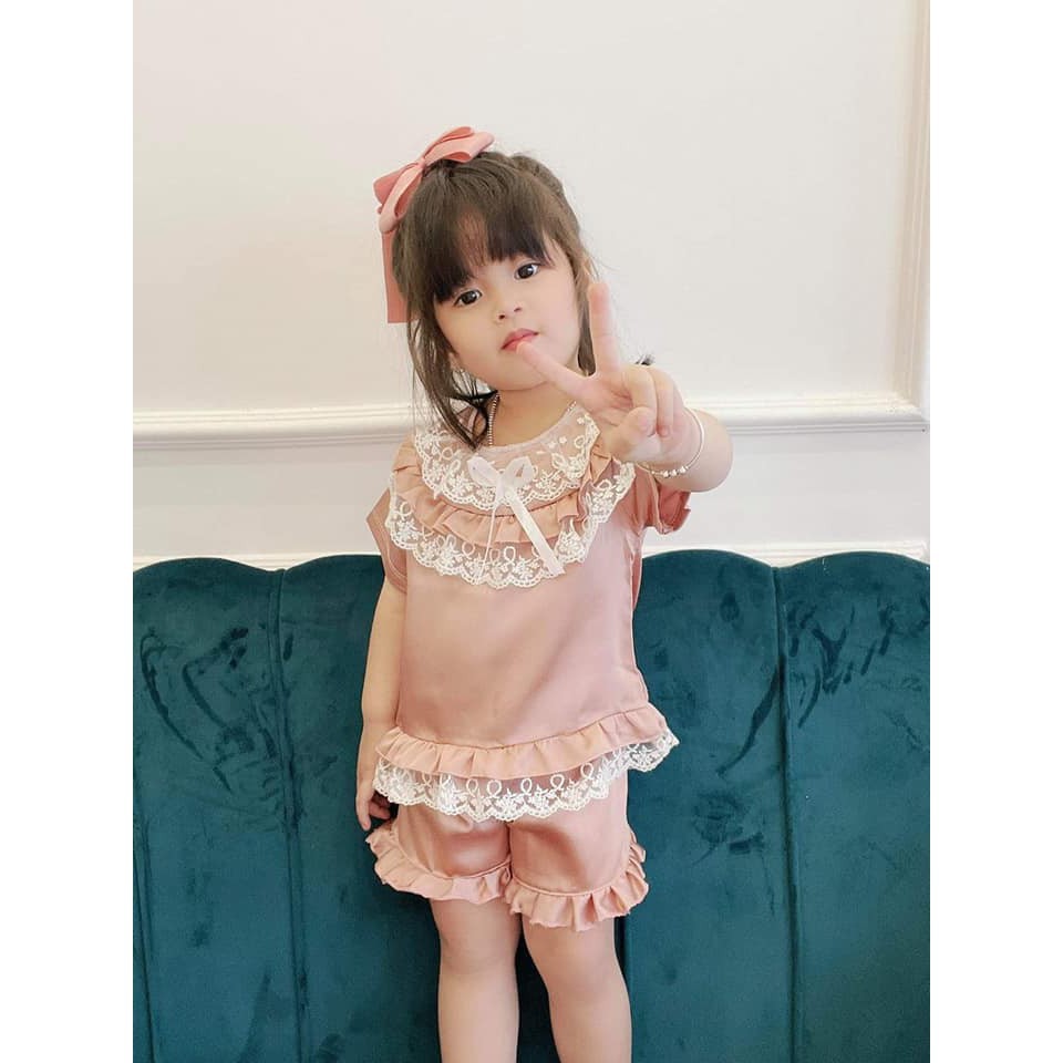 Bộ Ngủ Pijama Cộc Tay Cho Bé Lụa Satin Phối Ren [BN12-2021] - Babi mama sexy ❣️