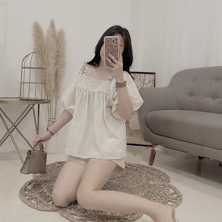 Set Babydoll Đũi Ren Hoa Cổ Vuông Bộ Nữ Quân Sooc Cao Cấp Full Size S M L 1St_Clothing | BigBuy360 - bigbuy360.vn