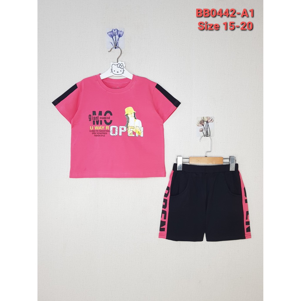 BB0442-A1 - Bộ bé gái cotton quần đùi , in hình cô gái , màu hồng đỏ , size bự 15t-20t - hàng Made in Vietnam