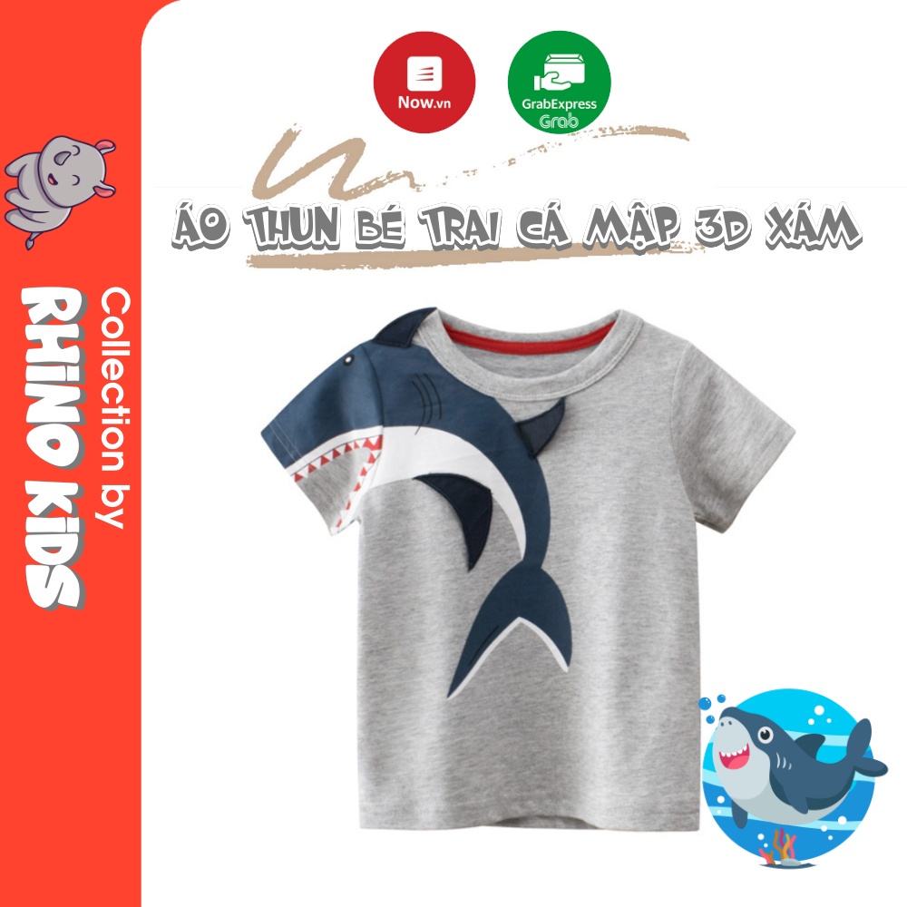 Áo thun bé trai cá mập 3d màu xám chất cotton an toàn tuyệt đối cho bé