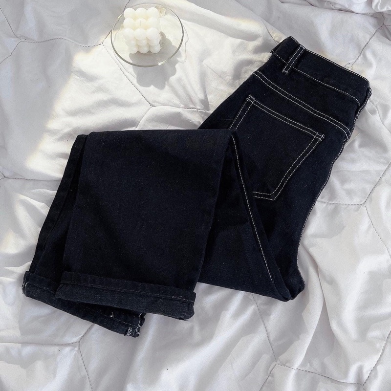 (có sẵn) Quần jean đen ống rộng viền trắng nút cài unisex (nam nữ mặc được)
