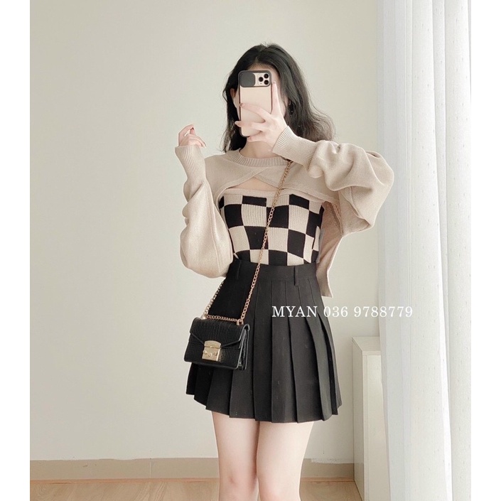 Set áo len nữ ulazang gồm áo khoác ngoài mix áo 2s tam giác kẻ caro