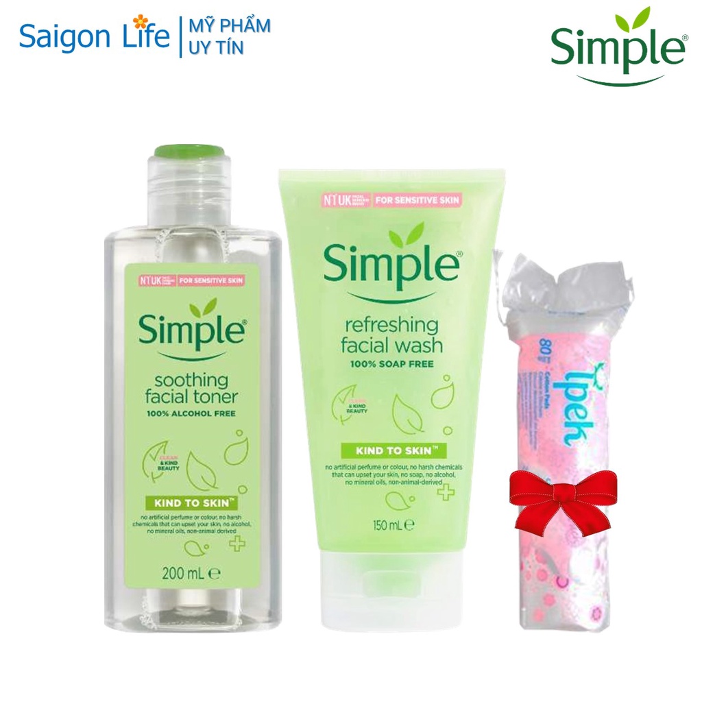 [Tặng bông] Combo Gel Rửa Mặt Simple 150ml Và Nước Hoa Hồng Simple 200ml