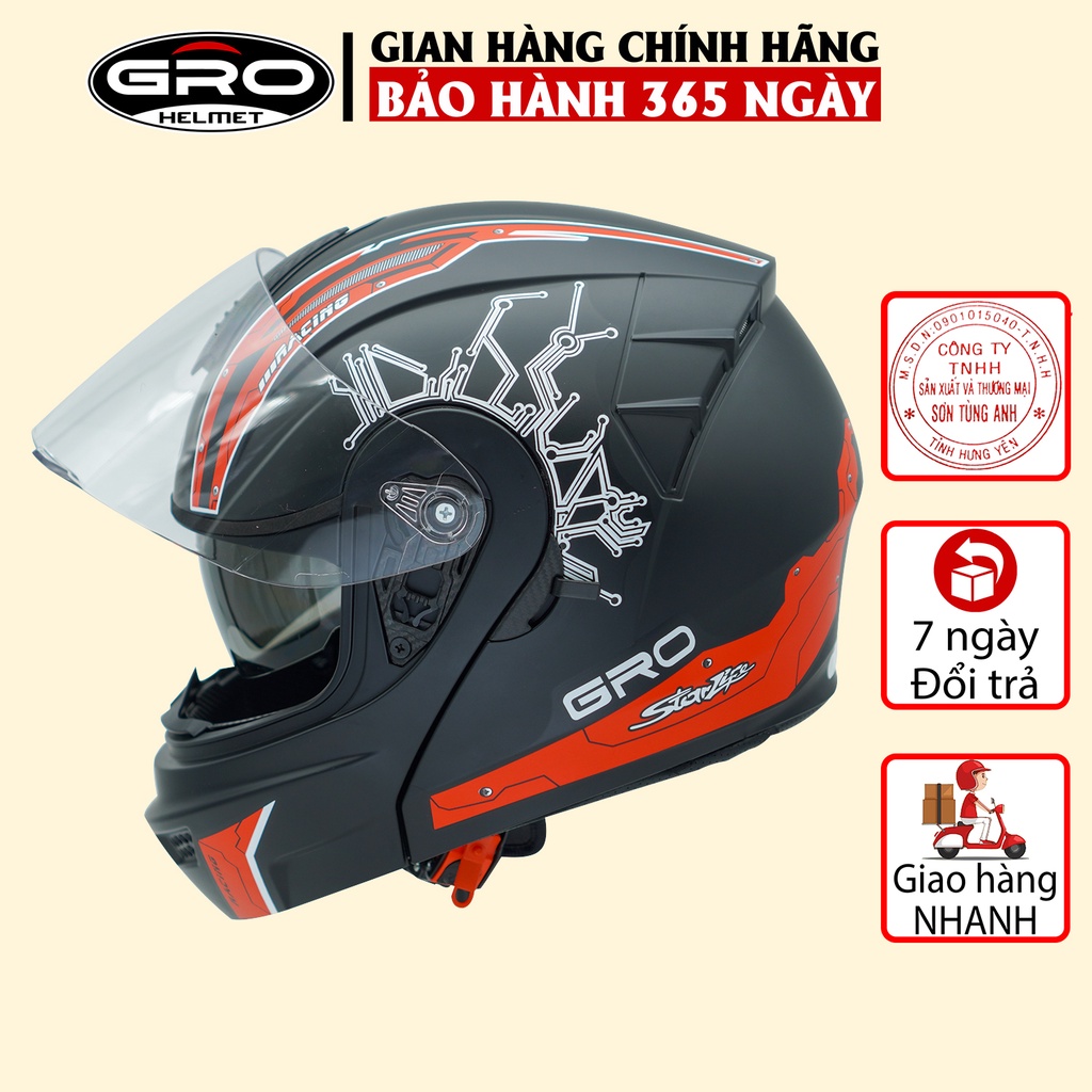 Mũ Bảo Hiểm Fullface GRO Helmet Chính hãng, thiết kế 2 kính lật hàm, khóa kim loại chắc chắn - Tem Đỏ