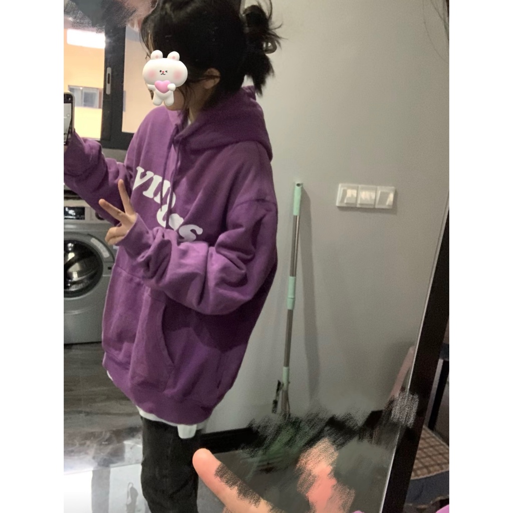 Áo hoodie nhung thiết kế màu tím phong cách cổ điển Mỹ thời trang thu đông cho nữ