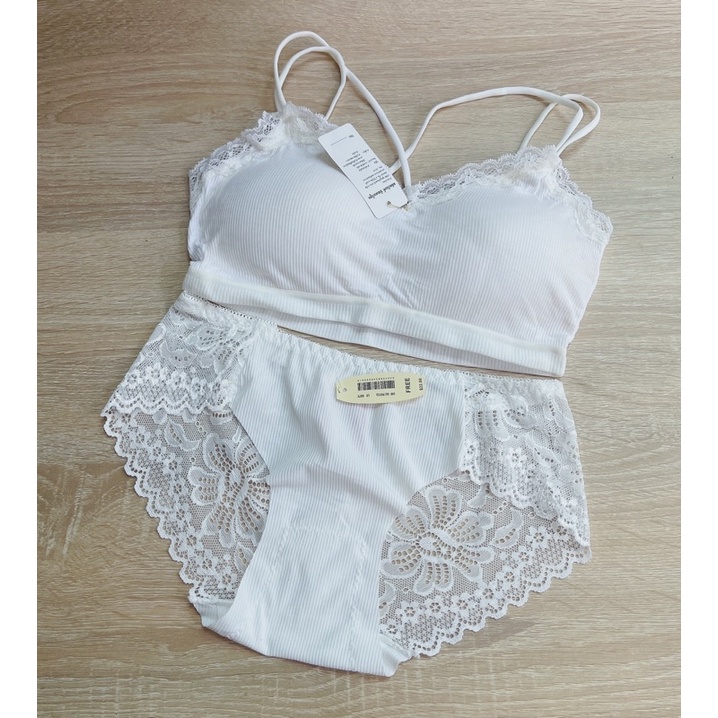 Bộ Bralette Thun Tăm Ren Sexy Đệm Mỏng Phối Quần Lót Su Ren Gợi Cảm _ Bộ đồ lót Trắng Trẻ Trung