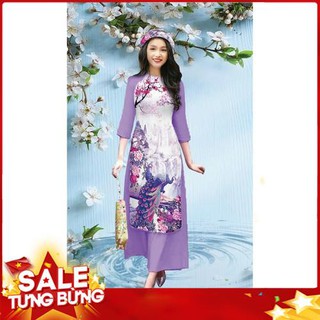 Áo dài cách tân in  chim công cao cấp - áKHÔNG KÈM QUẦN