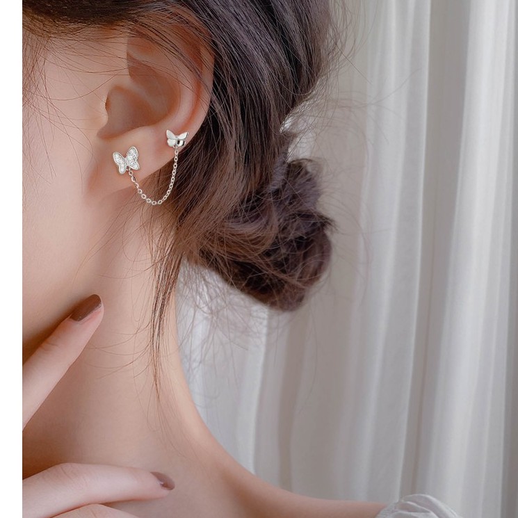 Bông tai bướm Bạc ý 925 treo dài nữ hàn quốc