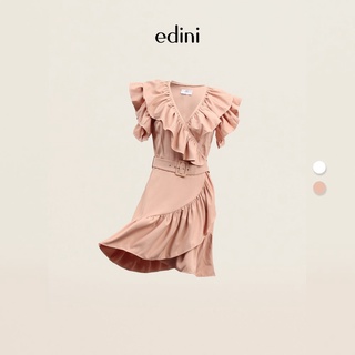 Đầm Kiểu Cổ V Phối Bèo Màu Trắng EDINI - D1412
