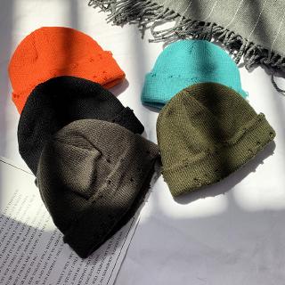 Mũ len dệt kim màu trơn phối rách thời trang thu đông Hàn Quốc dành cho nữ