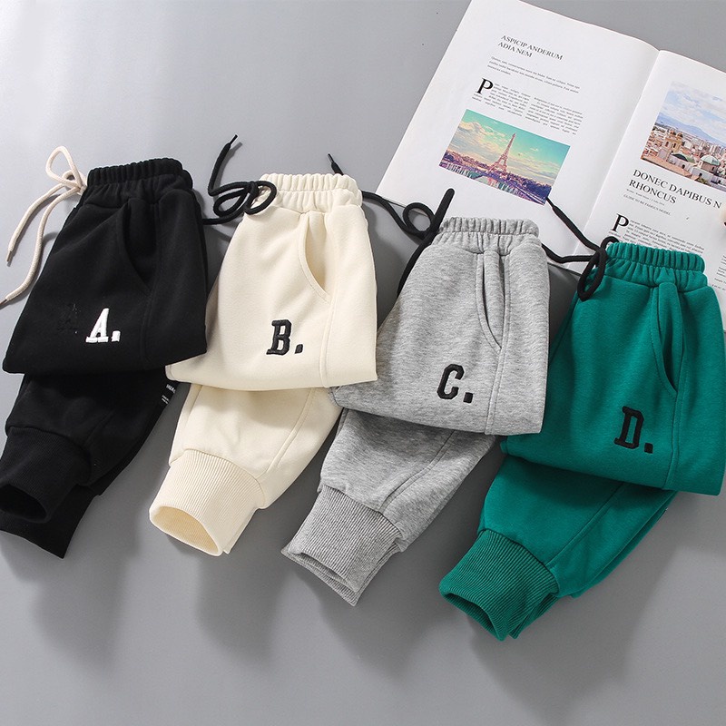 Quần nỉ bông cho bé trai thêu chữ cực xinh, Quần dài thu đông cho bé chất nỉ bông cao cấp size từ 7-28kg - MOOBABY Shop