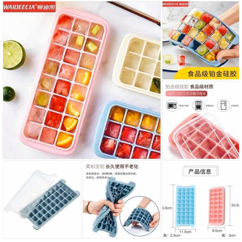 khay làm đá silicon có nắp đậy, chia nhiều ô, làm đa năng nhiều thứ ăn vặt