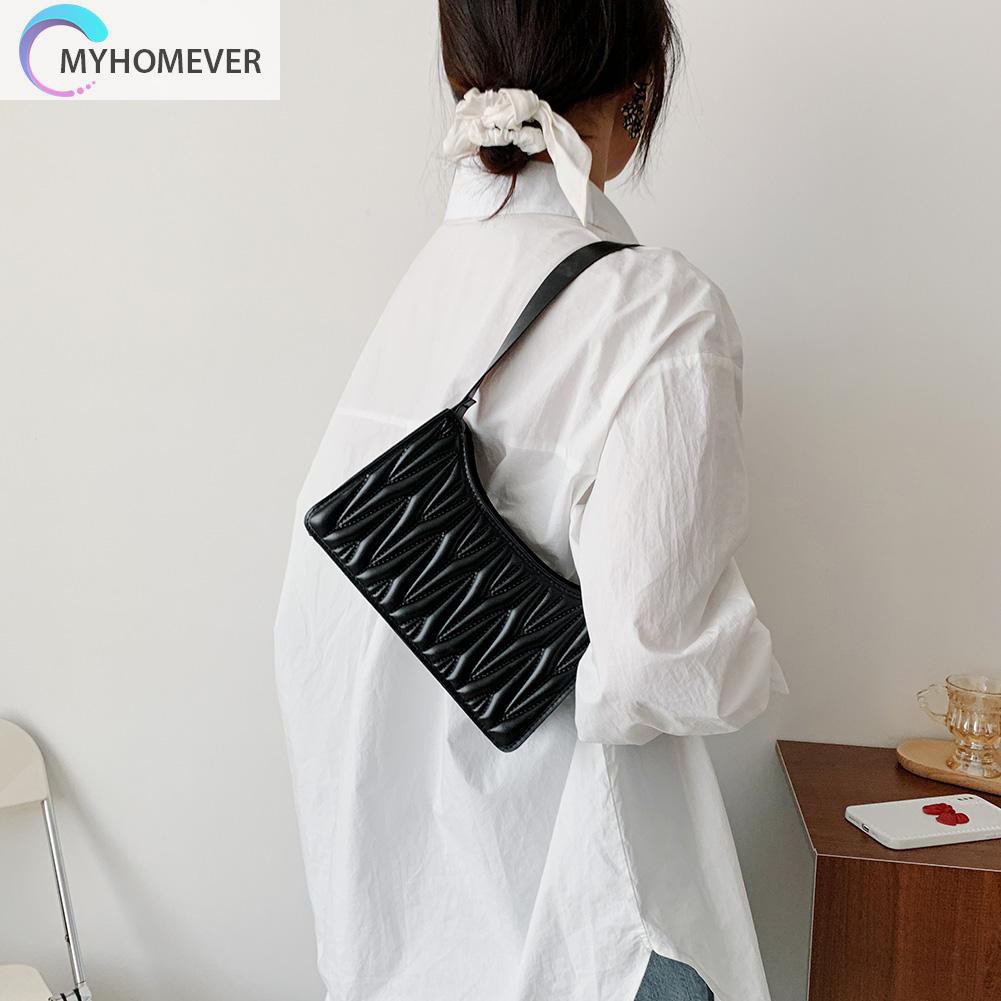 myhomever Fashion Women PU Solid Color Pleated Shoulder Underarm Bag Hobos Handbags