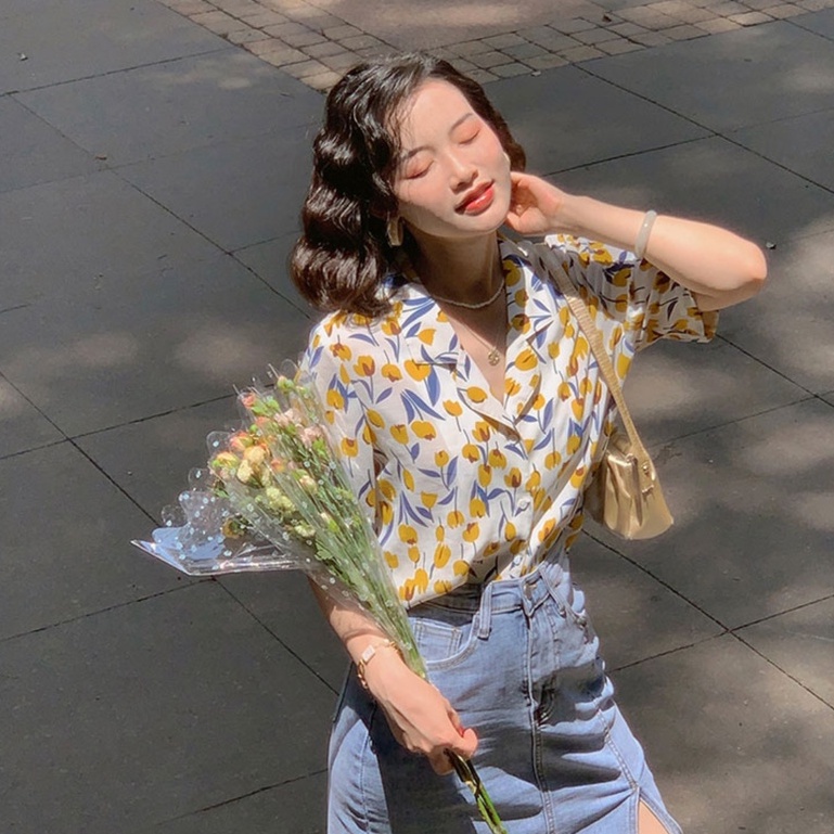 Áo Sơ Mi Nữ Ngắn Tay In Họa Tiết Hoa tulip Phong Cách retro