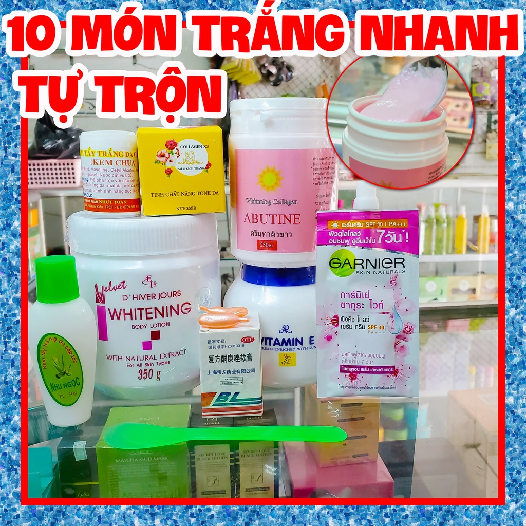 Combo kem Tự trộn 10 món CÓ Kích x3 Abutine 3c3 Hồng + Vitamine E + Garnnier Thái Lan thấm nhanh trắng nhanh