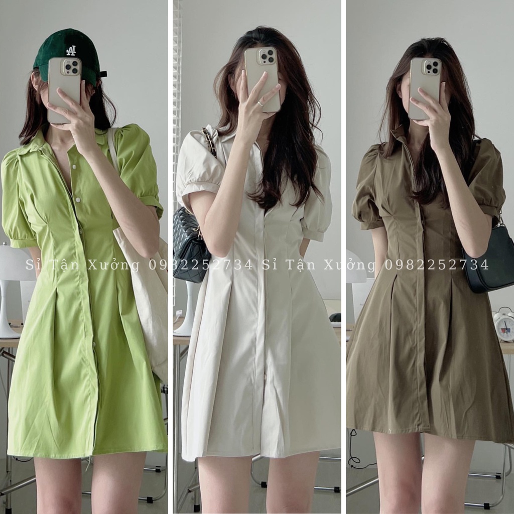 Váy sơ mi dáng suông tay bồng dáng dài chất thô mềm siêu đẹp váy sơ mi tay bồng 5918