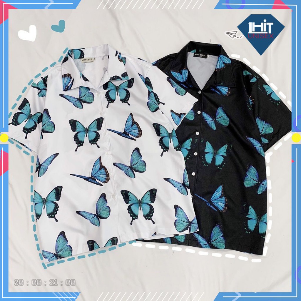 Áo Sơ Mi Tay Lỡ In Họa Tiết Bướm Xanh 1HIT_UNISEX (Trắng/Đen)