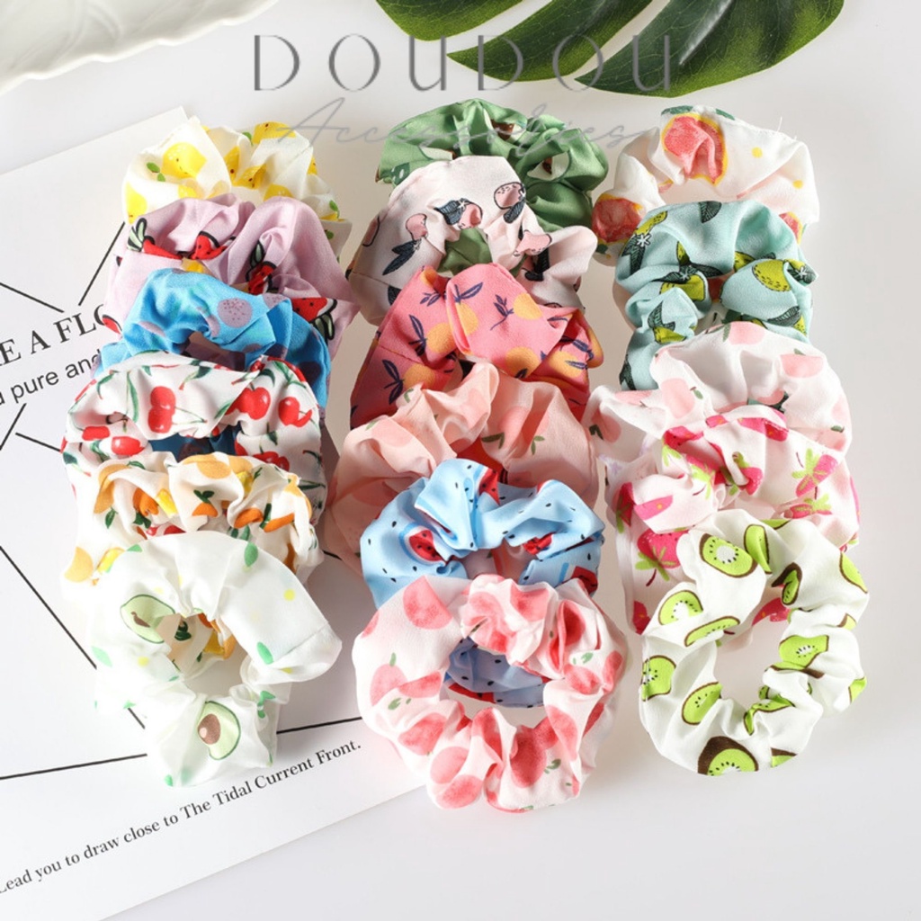 Dây buộc tóc Scrunchies DOUDOU Cột tóc vải cho bạn gái họa tiết hoa quả xinh xắn phong cách Hàn Quốc FQ002