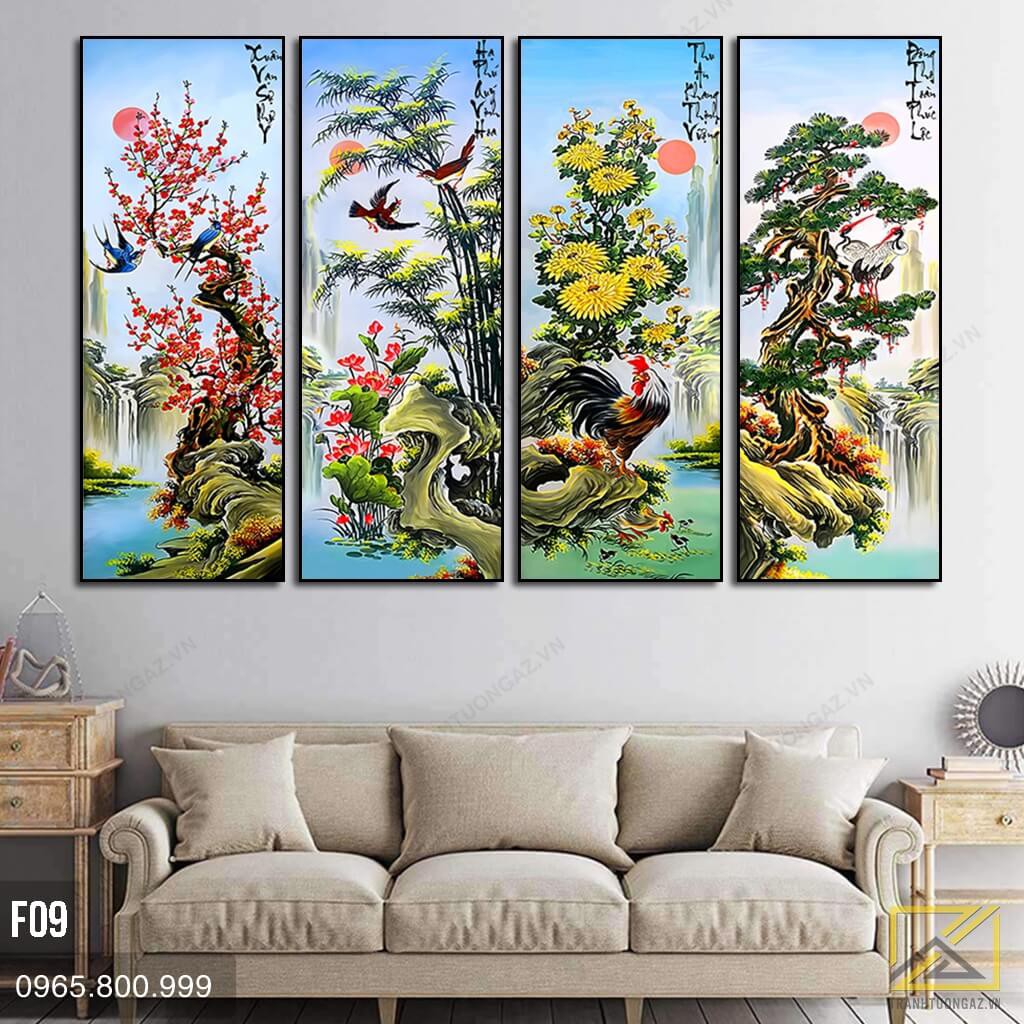 tranh thêu chữ thập Tứ Quý tuyệt đẹp 146x100cm