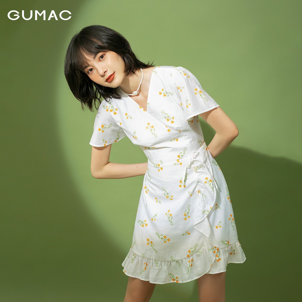 Đầm hoa nữ ôm GUMAC, in họa tiết đẹp, tay ngắn trẻ trung màu trắng đầm dáng xòe DB1115 | BigBuy360 - bigbuy360.vn
