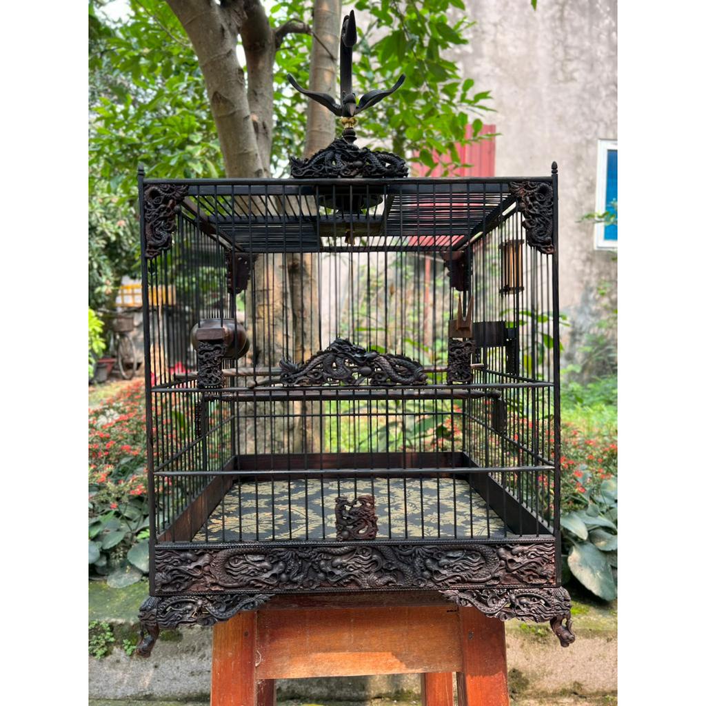 Lồng chim chào mào thái đấu, vuông đấu gỗ mun đuôi công nan hắc đủ phụ kiện