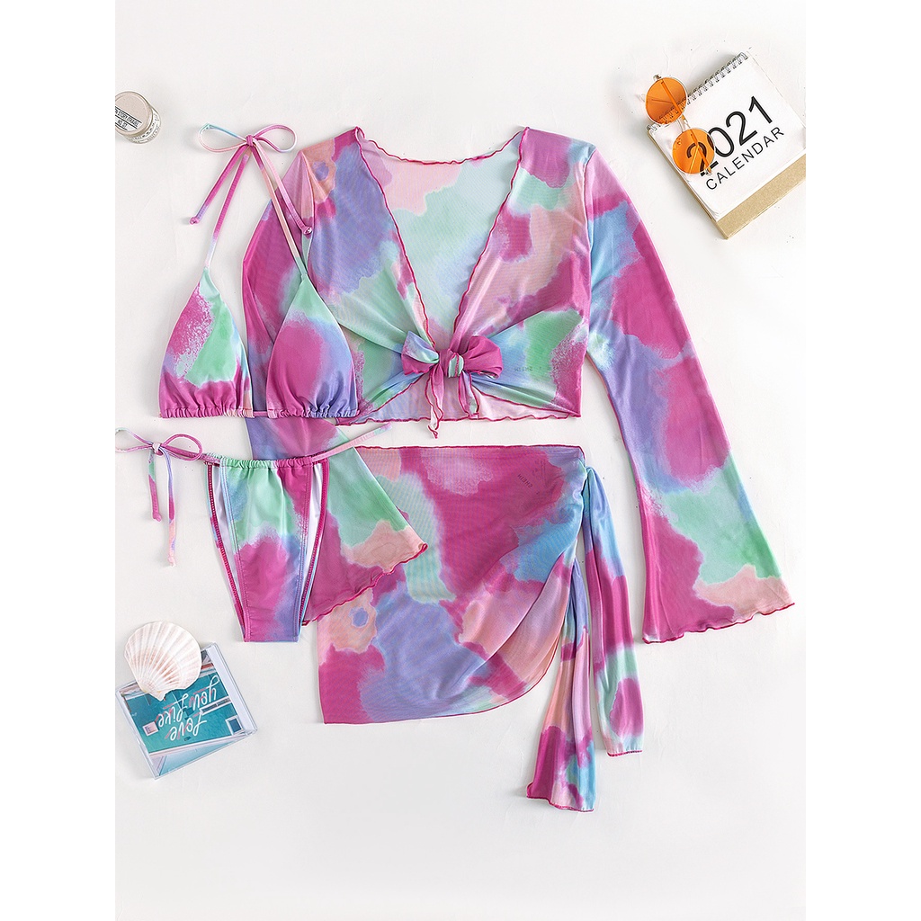 Bộ Đồ Bơi Bốn Mảnh Họa Tiết Màu Nhuộm Phong Cách Ins Gợi Cảm