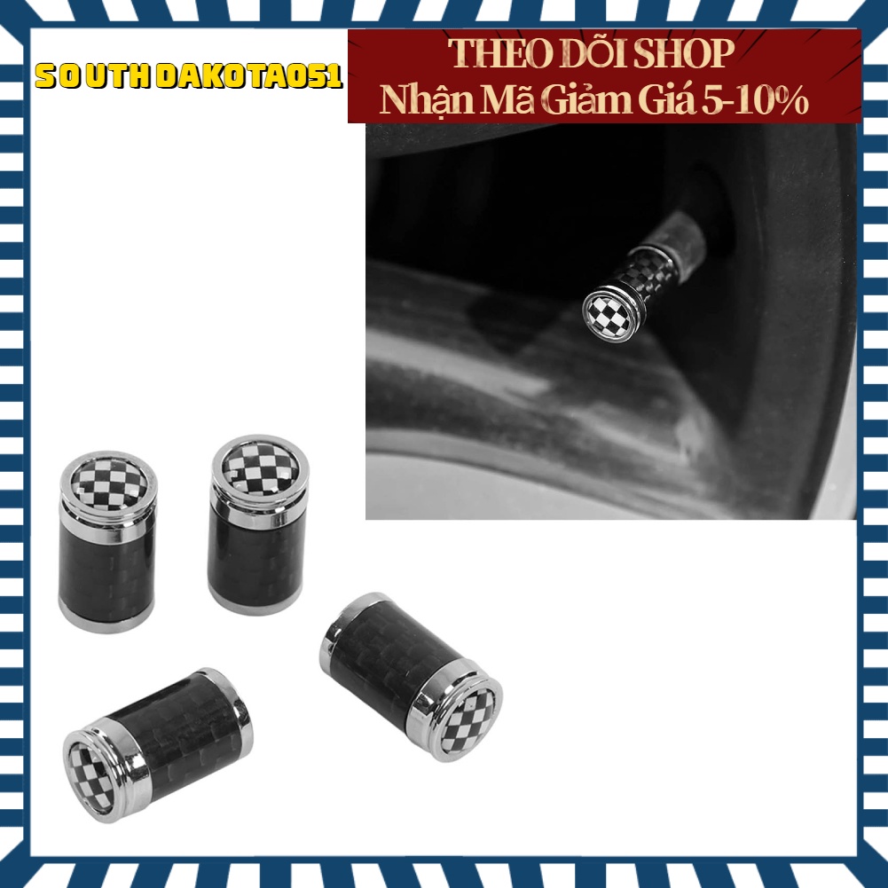 Set 4 cái van lốp ô tô bằng sợi carbon hợp kim nhôm màu đen trắng kẻ sọc thay thế cho Mini Hatch Cabrio