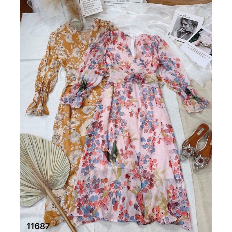 Đầm maxi hoa xoắn eo tay dài 11687