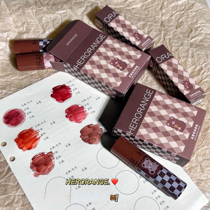 Set 3 Son Kem Hiệu Ứng Gương Thiết Kế Hình Gấu Dễ Thương Thương Hiệu Herrange
