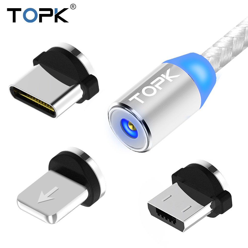 Cáp sạc điện thoại từ tính dây bọc Nylon TOPK AM23 Cáp Micro USB C 8-pin 3 in1