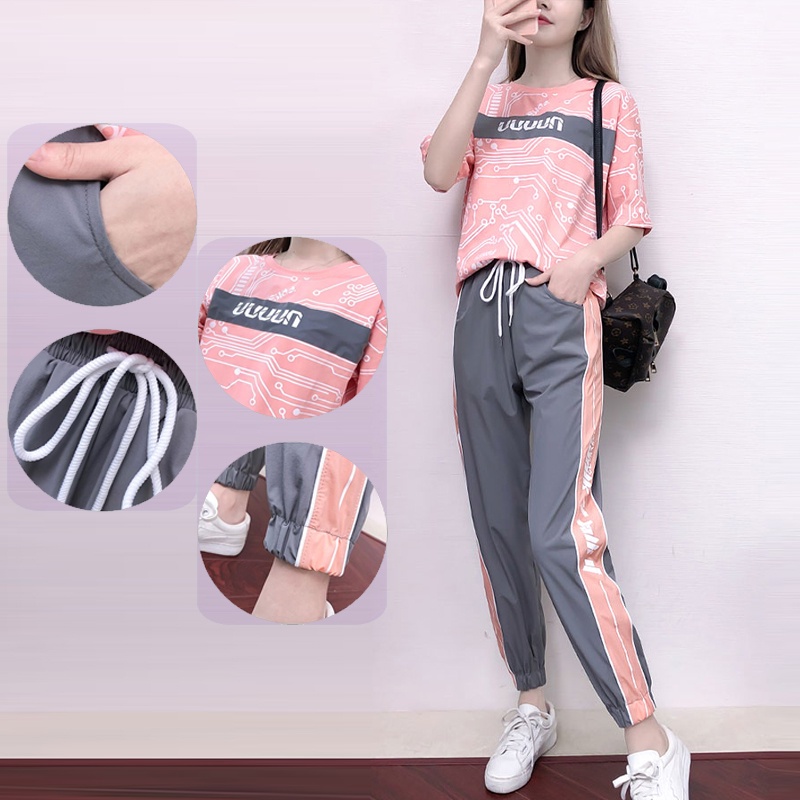 Bộ Đồ Thể Thao Áo Thun Tay Lửng Dáng Rộng + Quần Dài Phong Cách Hip Hop Thời Trang Xuân Hè Cho Nữ