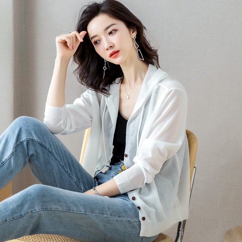 Áo Khoác Cardigan Dệt Kim Mỏng Dáng Rộng Có Mũ Trùm Kiểu Hàn Quốc Thời Trang Xuân Hè Cho Nữ