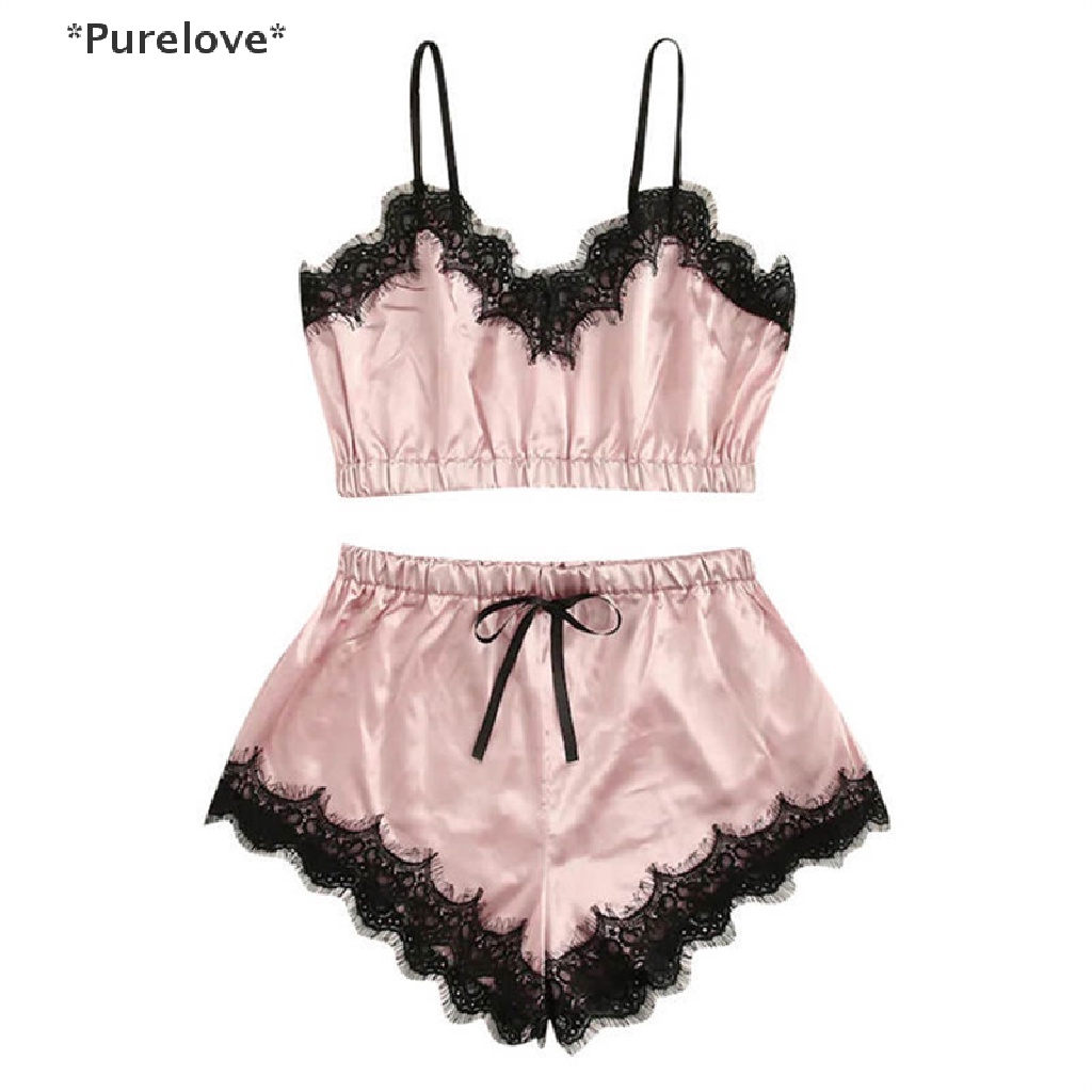 Bộ Đồ Ngủ Áo Hai Dây Phối Ren + Quần Short Vải Satin Quyến Rũ Cho Nữ