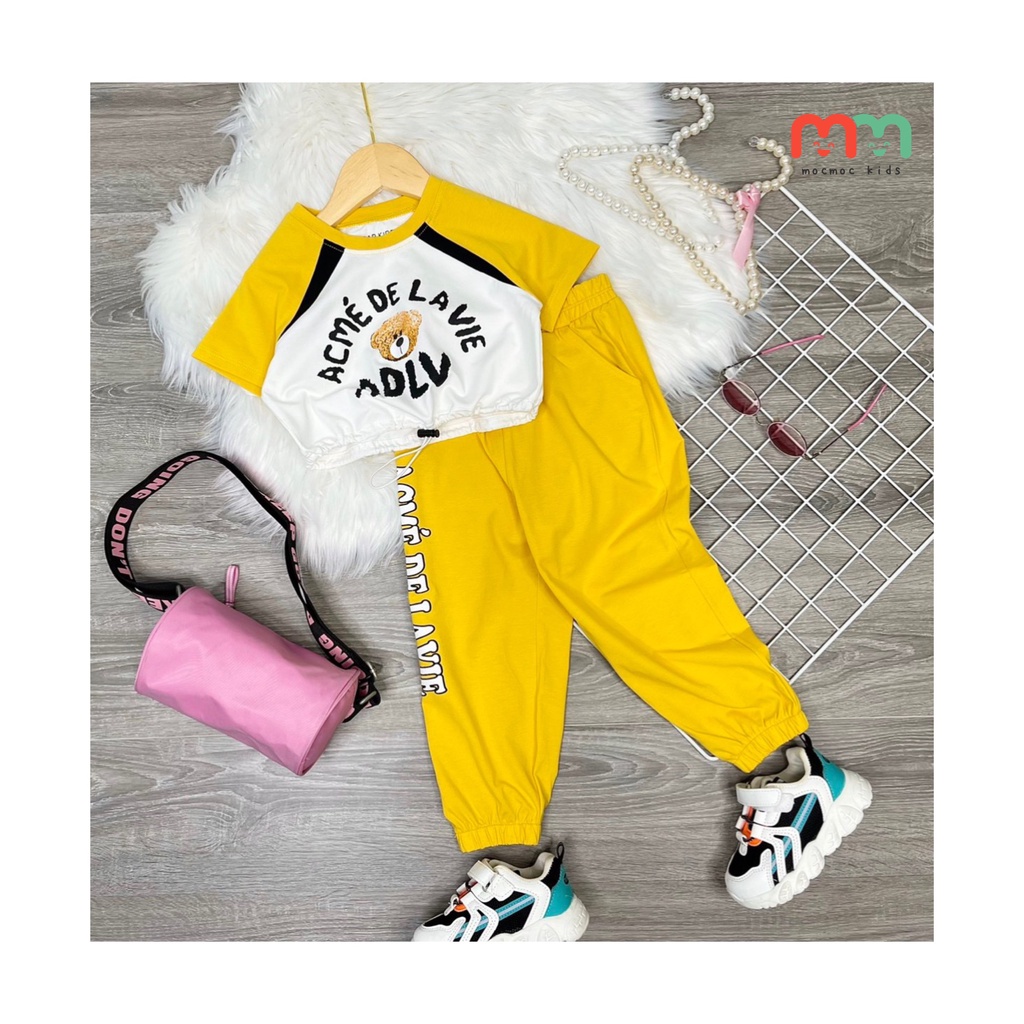 Set thể thao bé gái áo croptop dây rút quần jogger cá tính thun cotton mềm mịn mát cho bé 10kg đến 41kg