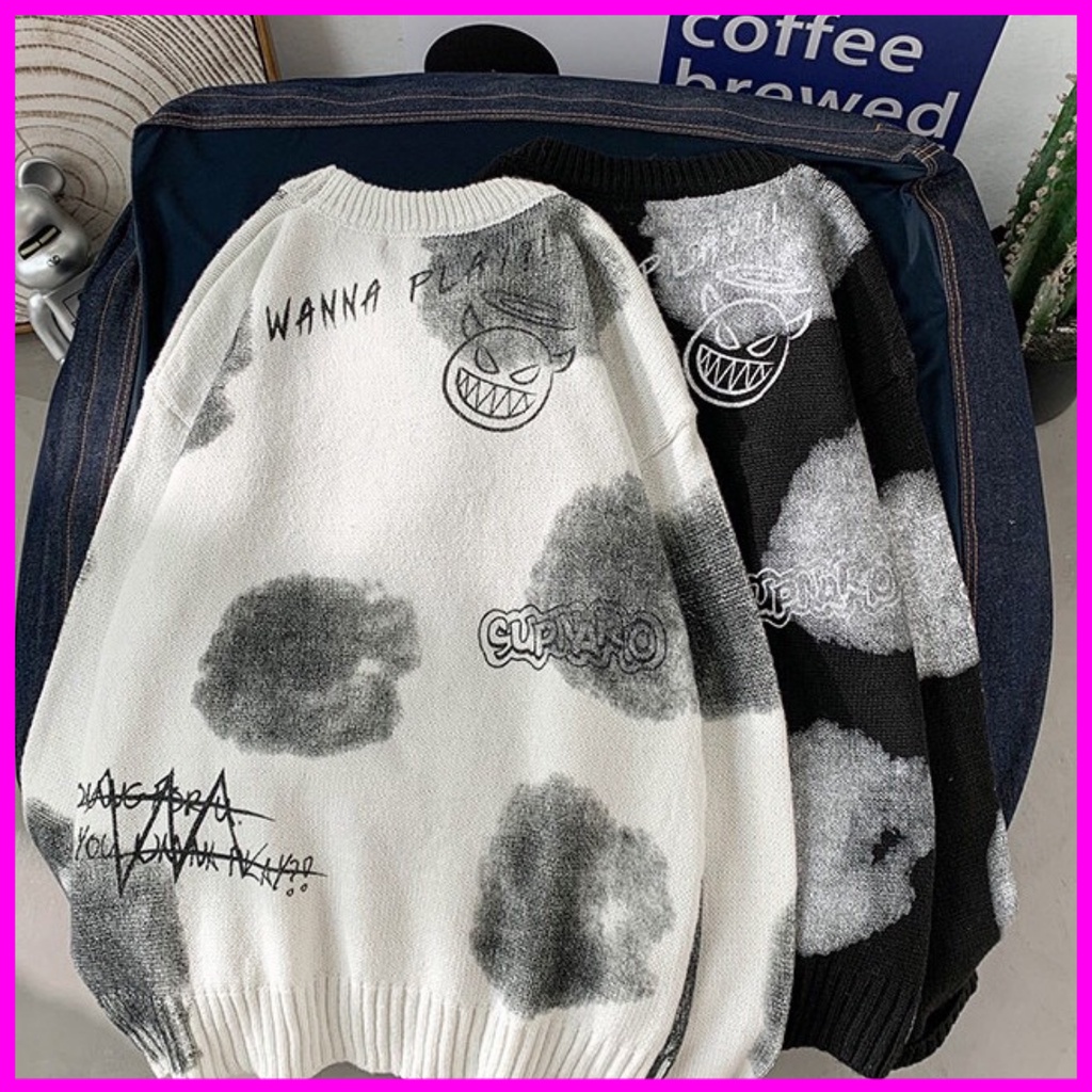 Áo len nam họa in tiết hình băng đảng mũ rơm độc đáo và thanh lích