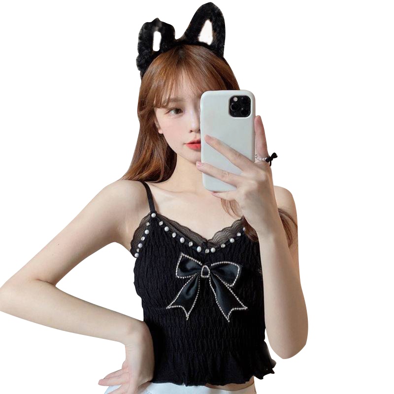 Áo Croptop Hai Dây Cổ Chữ V Thắt Nơ Phối Ngọc Trai Gợi Cảm Cho Nữ