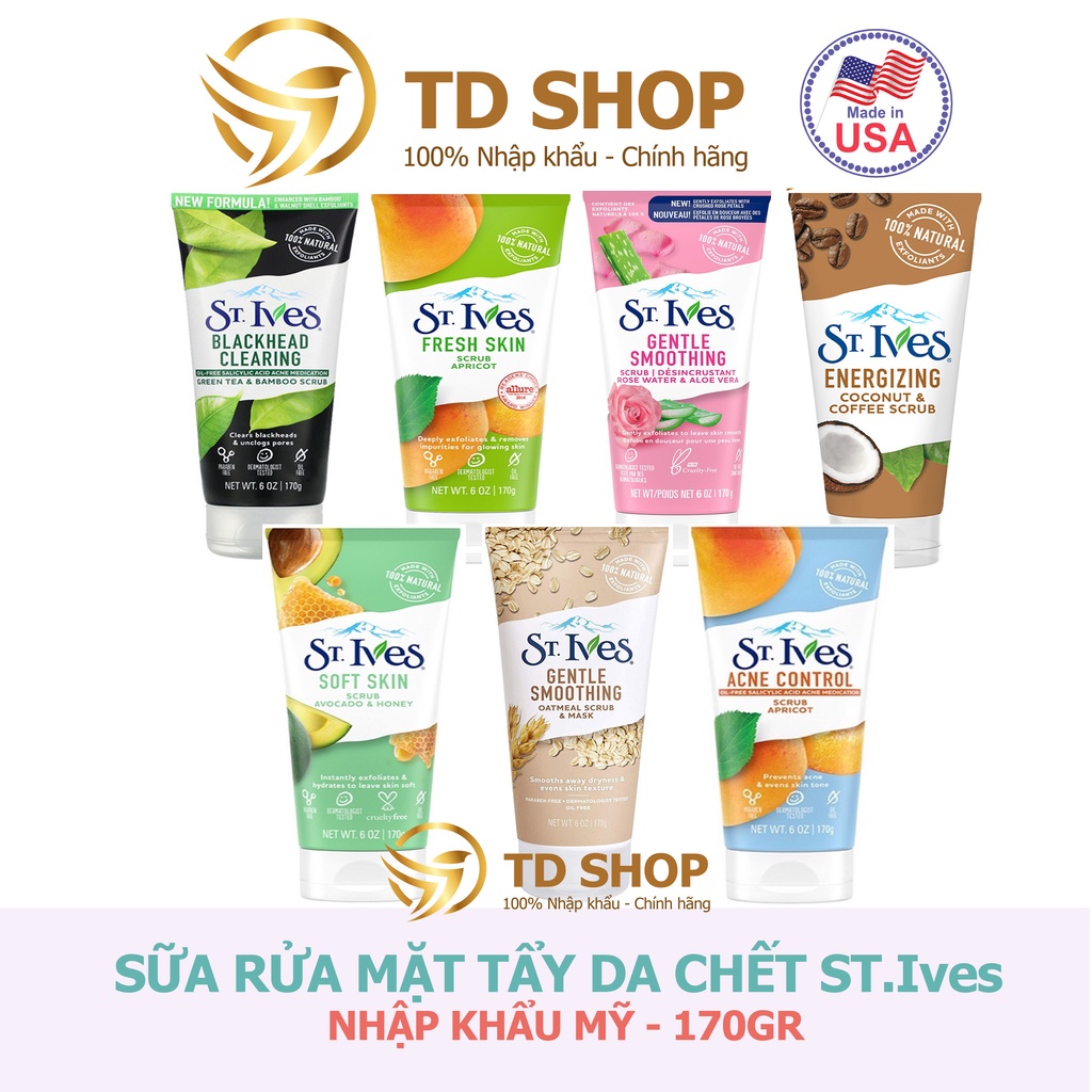 [NK Mỹ] Sữa rửa mặt St.Ives 170g Trà xanh I Cafe & Dừa I Hương Mơ I Bơ&Mật ong I Hoa hồng tẩy tế bào chết - TD Shop