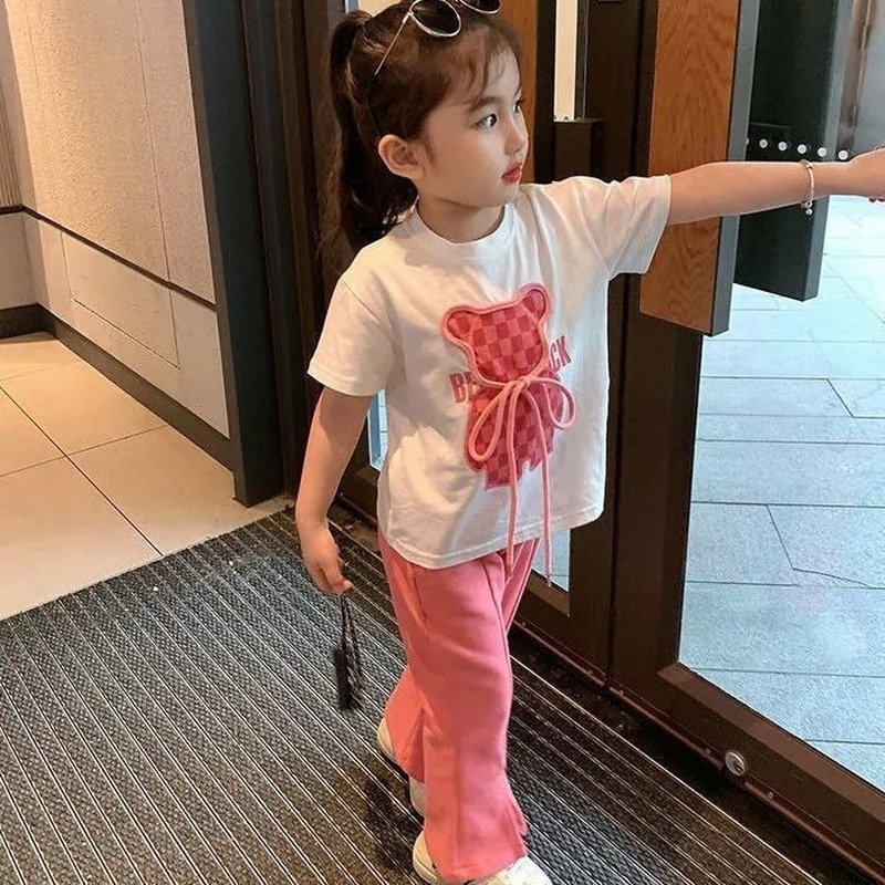 Bộ Áo Thun Ngắn Tay In Hoạt Hình + Quần Short Ống Loe Thời Trang Mùa Hè Cho Bé Gái